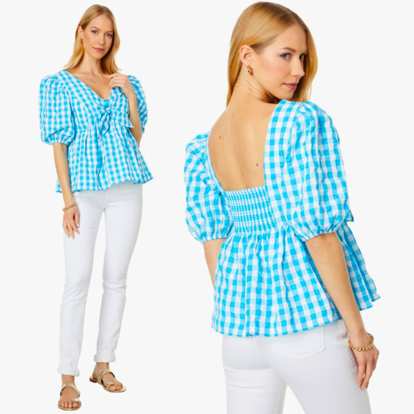 New LILLY PULITZER Sarafina Crinkled Bow Gingham Puff Sleeve Top Turquoise Oasis - Picture 2 of 10